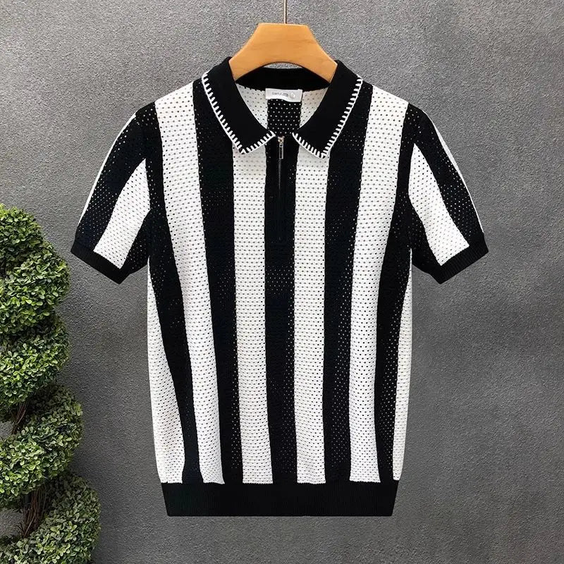 Short-sleeved striped Korean-style fitted polo collar casual new men's t-shirt
