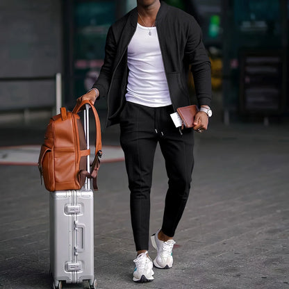 Autumnwinter men's casual blazer set new fashion Waffle baseball suit round neck pocket zipper long sleeve trousers two-piece se