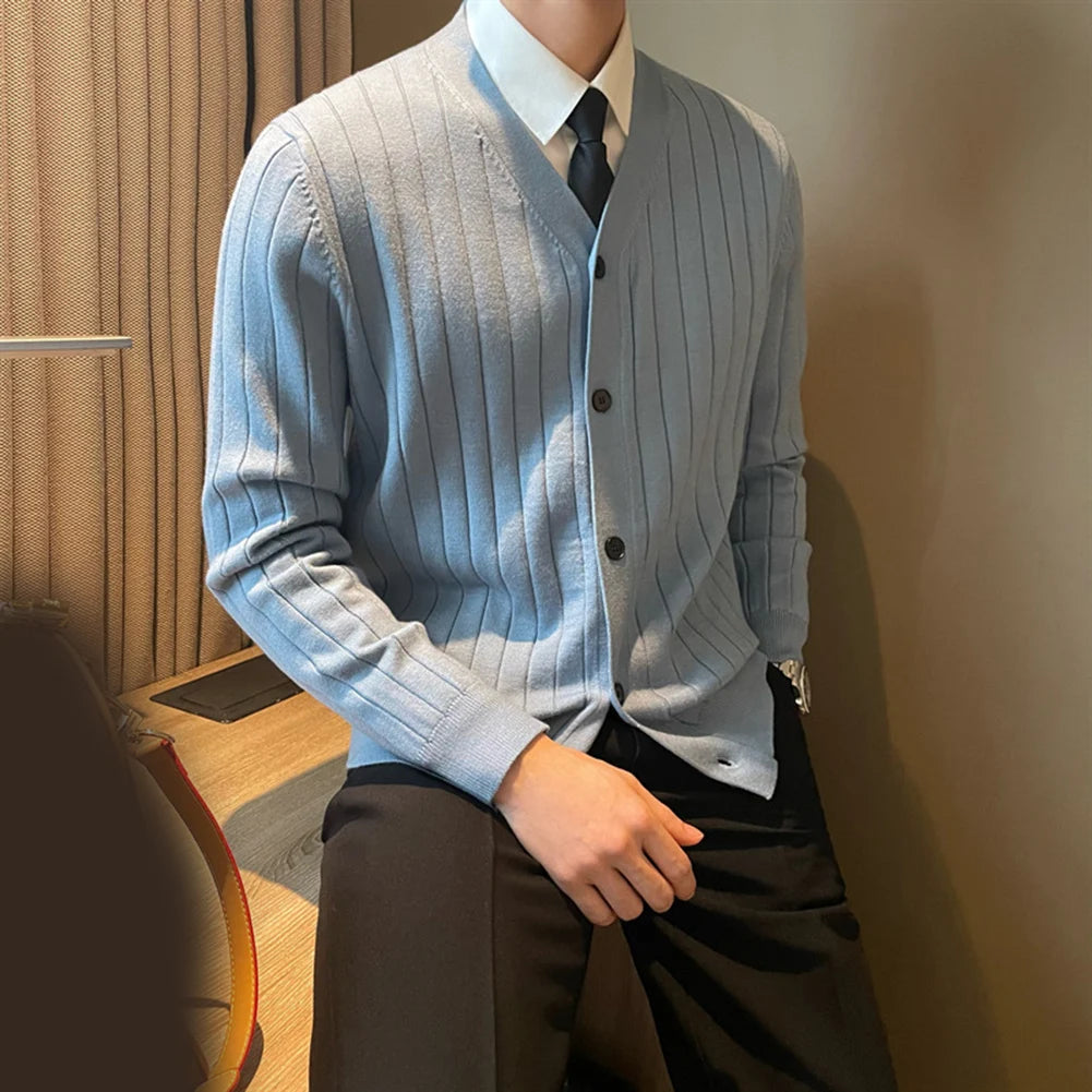 Cardigã Masculino de Tricô com Gola V e Botões, Casual e Simples, para Negócios e Uso Doméstico, Outono