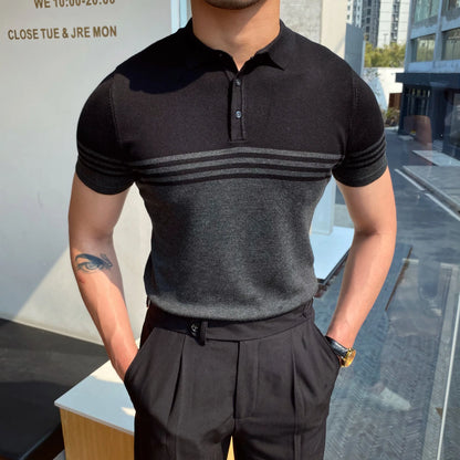 Camisa polo de manga curta de malha masculina, blusa casual de negócios, polo Slim Fit, primavera verão, camiseta listrada moda, camiseta com gola polo, malhas