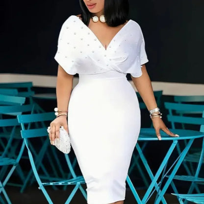 Vestido de verão mulher 2025 moda sexy apertado encaixe profundo-v vestido branco pérola vestidos de festa cor sólida magro escritório midi vestido
