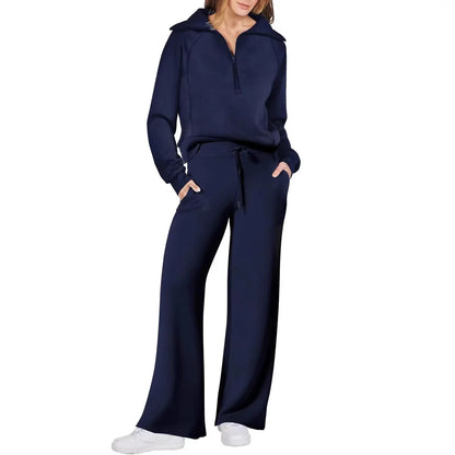 Conjunto de Moletom Feminino de 2 Peças: Blusão Forrado com Fleece Macio e Calça Fluida para Corrida ao Ar Livre e Viagens