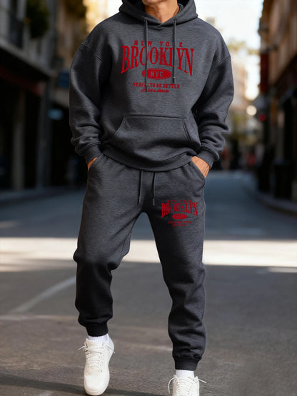 Brooklun New York Letter Print Man'S Hoodie Set Loose Pocket Two Pices Sets Fleece Autumn Hoodies Casual Fashion Sweatpants
