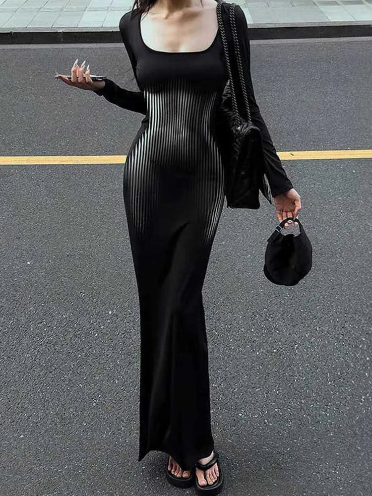 Vestido Feminino de Manga Longa com Gola Quadrada, Cintura Alta, Estampa Abstrata de Listras, Casual, Estilo Sereia