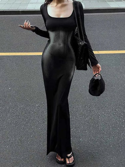 Vestido Feminino de Manga Longa com Gola Quadrada, Cintura Alta, Estampa Abstrata de Listras, Casual, Estilo Sereia