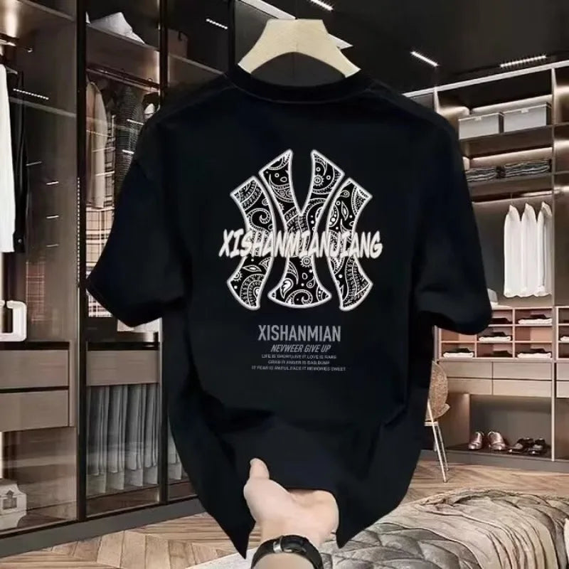 Nova Camiseta Masculina Estampada de Manga Curta, Tendência Urbana, Estilo Personalizado, Algodão, Gola Redonda, para o Verão e Uso Diário