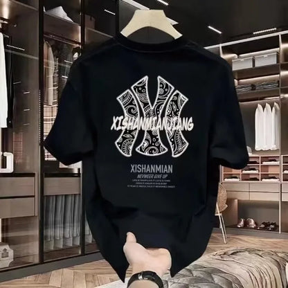 Nova Camiseta Masculina Estampada de Manga Curta, Tendência Urbana, Estilo Personalizado, Algodão, Gola Redonda, para o Verão e Uso Diário