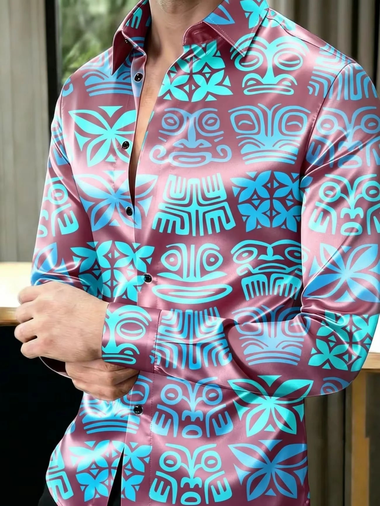 Nova Camisa Masculina de Manga Longa com Estampa Geométrica de Arquitetura do Deserto em Preto e Dourado, Top de Cetim Brilhante