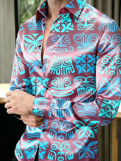 Nova Camisa Masculina de Manga Longa com Estampa Geométrica de Arquitetura do Deserto em Preto e Dourado, Top de Cetim Brilhante