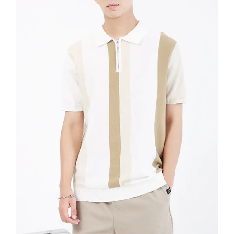 Camiseta Masculina de Verão com Listras, Camisa Polo Elegante e Minimalista, Suéter de Malha Versátil