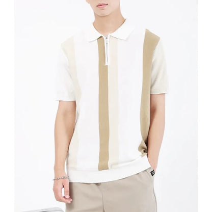 Camiseta Masculina de Verão com Listras, Camisa Polo Elegante e Minimalista, Suéter de Malha Versátil