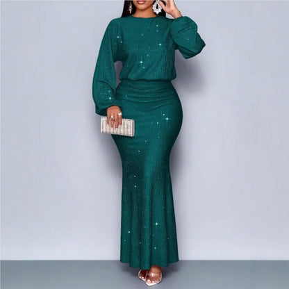 Novo Vestido Feminino da Moda com Miçangas, Manga Longa, Saia Sereia Plissada, Elegante e Justo para Festas de Outono