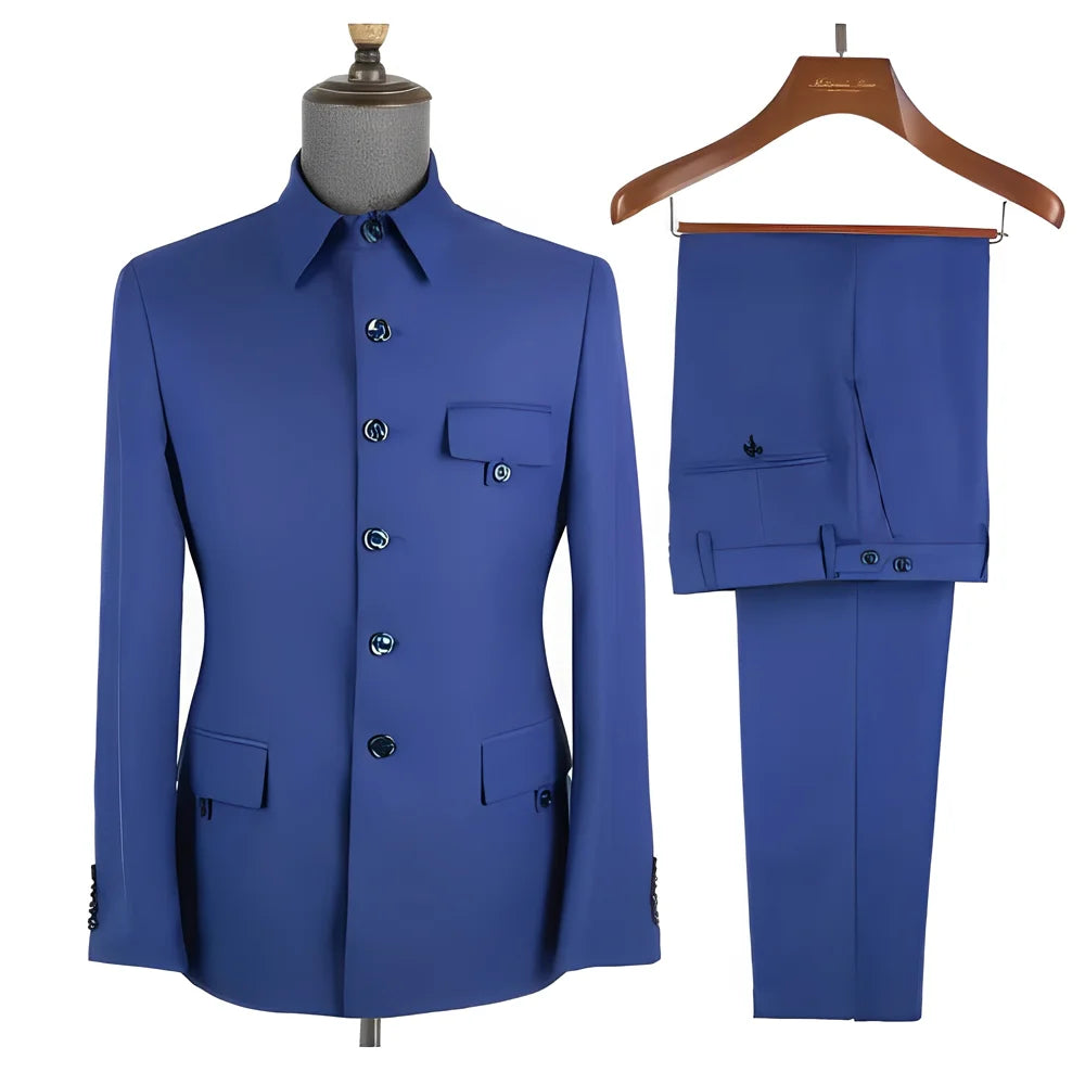 Terno masculino formal azul real, conjunto de 2 peças, gola, blazer, calças, slim fit, casamento, noivo, smoking, vestido de festa