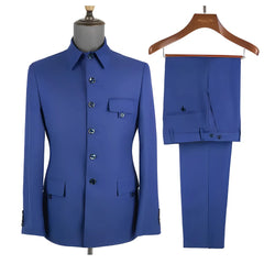 Terno masculino formal azul real, conjunto de 2 peças, gola, blazer, calças, slim fit, casamento, noivo, smoking, vestido de festa