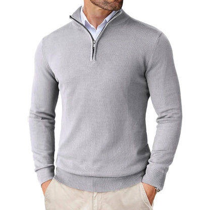 Suéter masculino com zíper de quarto, slim fit, leve, gola simulada, pulôver casual, meia gola alta, malha ao ar livre, streetwear