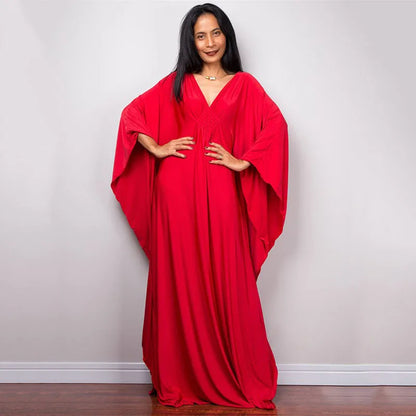 Vestidos caftan plus size para mulheres, cor sólida, plus size, vestido de praia, decote em v, solto, macio, caftan, loungewear