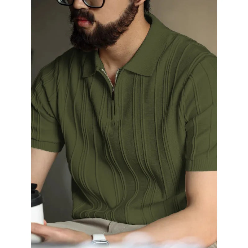Camisa de Manga Curta Estilo Tricotado Fino de Alta Qualidade com Zíper Masculina Fashion Confortável Casual Solta Coreana que Combina com Tudo