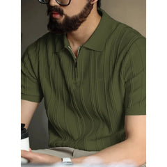 Camisa de Manga Curta Estilo Tricotado Fino de Alta Qualidade com Zíper Masculina Fashion Confortável Casual Solta Coreana que Combina com Tudo