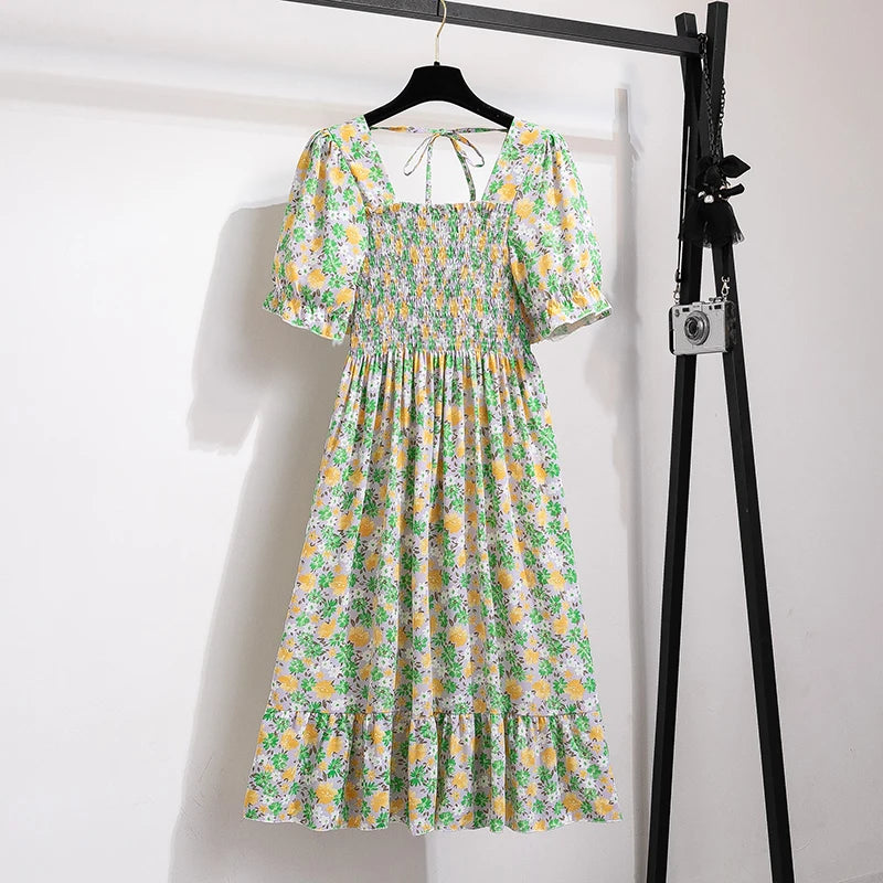 Verão plissado mulheres vestidos de chiffon casual praia férias manga curta gola quadrada mulher midi vestido boêmio mujer vestidos