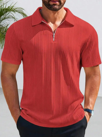 Camisa Masculina com Zíper Frontal, Malha Texturizada, Manga Curta, Casual, Leve, para Golfe