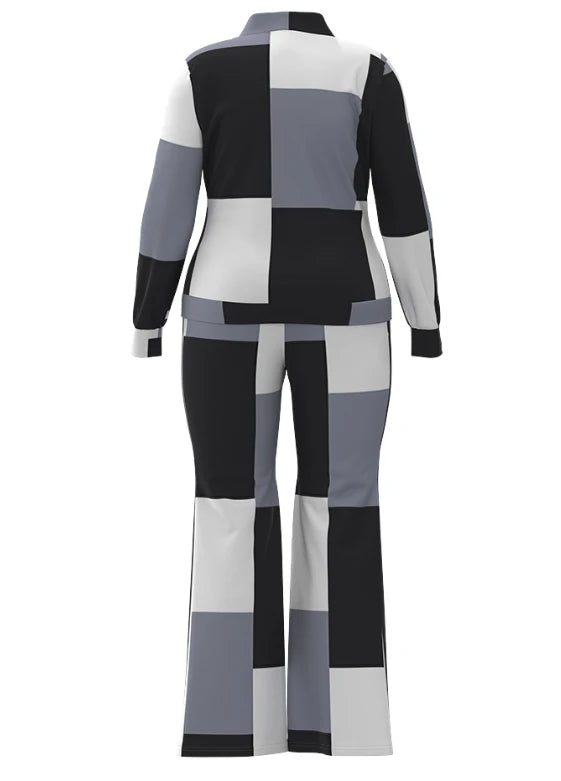 Conjunto de duas peças roupa feminina 2023 outono moda geométrica impressão gola manga longa zip up topo & casual calças esportivas conjunto