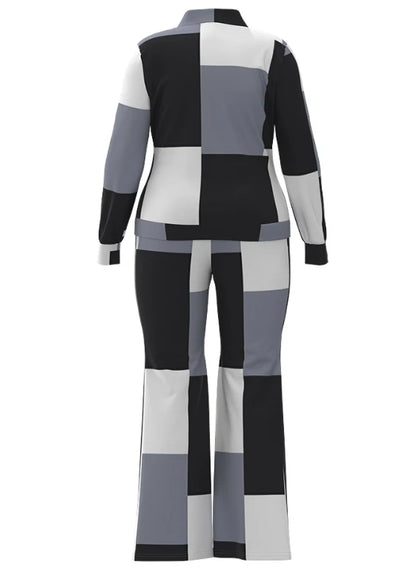 Conjunto de duas peças roupa feminina 2023 outono moda geométrica impressão gola manga longa zip up topo & casual calças esportivas conjunto