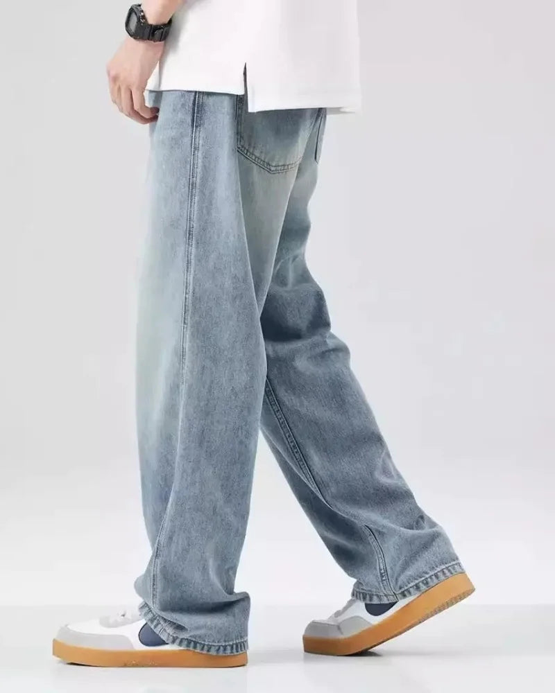 Calças jeans masculinas vintage lavagem perna larga solta jeans casual em linha reta estilo americano rua quatro estações novo 2026