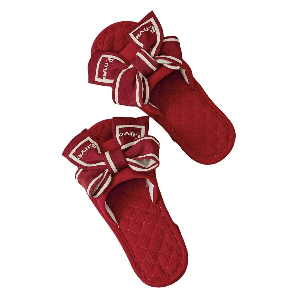 Chinelo de chão com laço Love Bow, plataforma plana e silenciosa, em tecido macio, para uso interno, ideal para mulheres.
