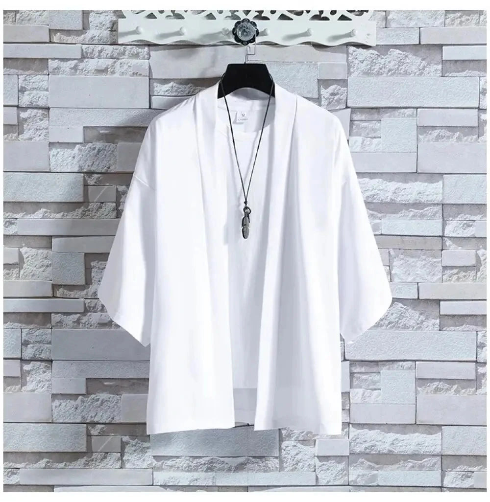 Camisas Kimono Japonesas Masculinas Casuais com Costura Aberta, Yukata Leve e Moderna, Cardigã Preto com Mangas 3/4, Ideal para Férias de Verão