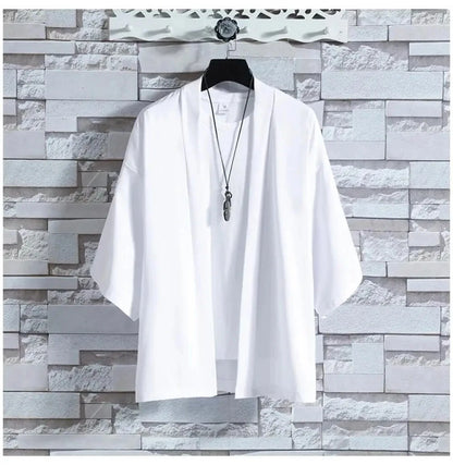 Camisas Kimono Japonesas Masculinas Casuais com Costura Aberta, Yukata Leve e Moderna, Cardigã Preto com Mangas 3/4, Ideal para Férias de Verão