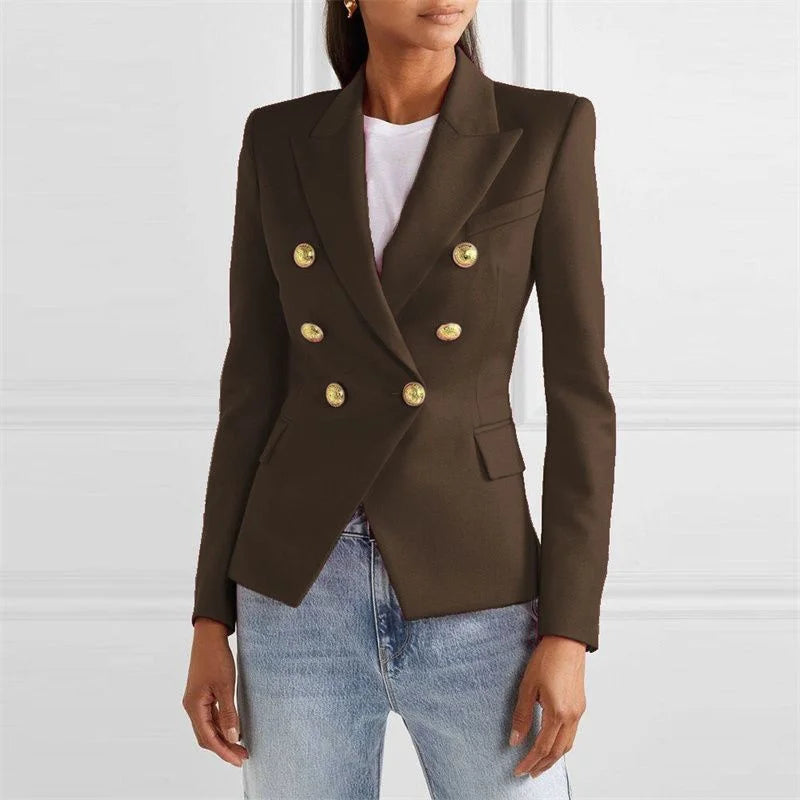 Blazer feminino de alfaiataria, modelo slim, estilo europeu/americano, para primavera/outono, com abotoamento duplo.