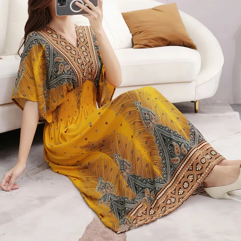 Flor colorida com decote em v elástico jovem boêmio doce midi vestido mulher roupas chique moda vestidos de verão 2025 grande balanço esqui