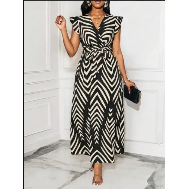 Vestido Longo Elegante Estampado com Decote em V e Cinto na Cintura, Listras, Estilo Casual Verão 2025, Moda Feminina, Peça Única para Passeio na Cidade