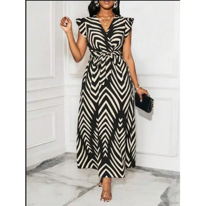 Vestido Longo Elegante Estampado com Decote em V e Cinto na Cintura, Listras, Estilo Casual Verão 2025, Moda Feminina, Peça Única para Passeio na Cidade
