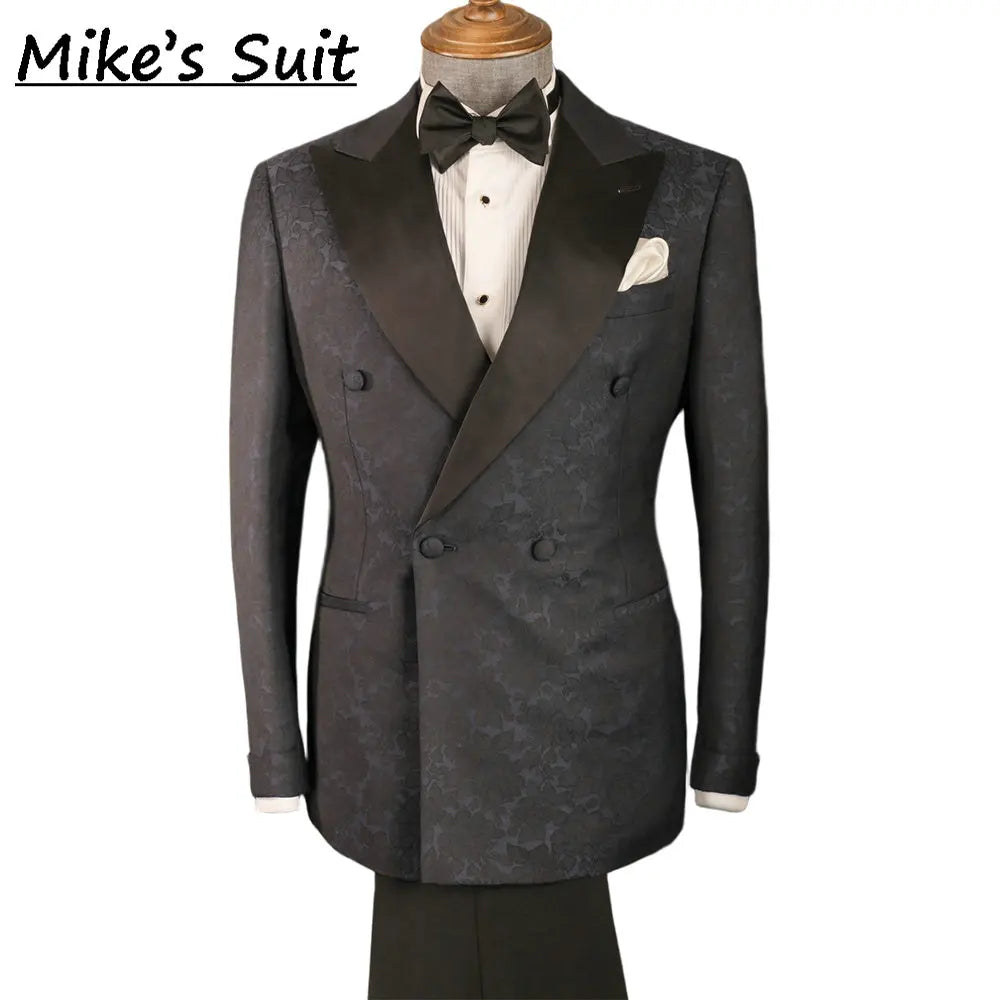 Terno masculino jacquard floral preto, conjunto de 2 peças, jaqueta e calça, smoking para festa, traje para banquete, moda para noivos, casamento.