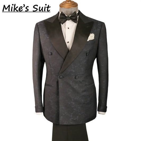 Terno masculino jacquard floral preto, conjunto de 2 peças, jaqueta e calça, smoking para festa, traje para banquete, moda para noivos, casamento.