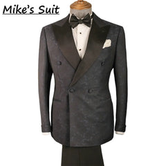 Terno masculino jacquard floral preto, conjunto de 2 peças, jaqueta e calça, smoking para festa, traje para banquete, moda para noivos, casamento.