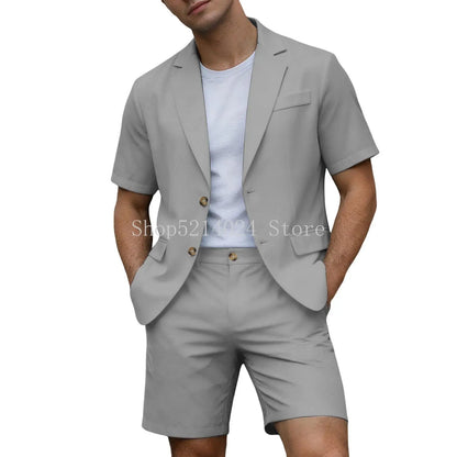 Conjuntos para Homens Blazer de Manga Curta e Calças Curtas Leves para Casamento, Festa, Negócios e Trajes Formais