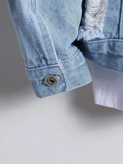 Jaqueta de Jeans Masculina para Primavera e Outono. Jaqueta de Jeans Azul Claro com Rasgos. Estilo de Rua. Casual Diário.