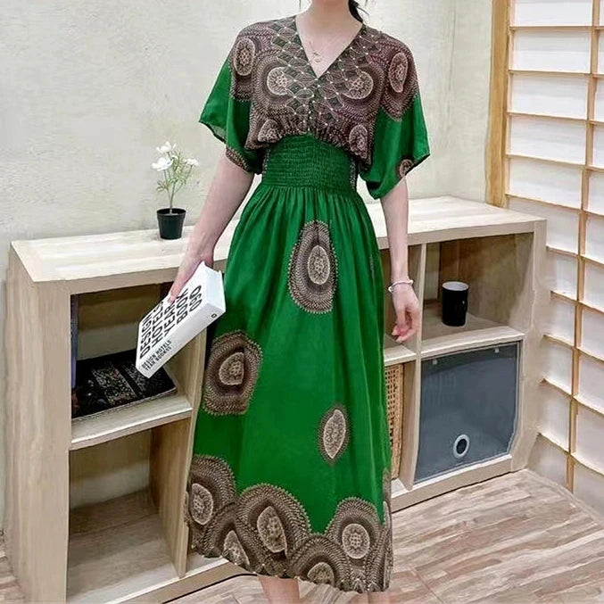 Flor colorida com decote em v elástico jovem boêmio doce midi vestido mulher roupas chique moda vestidos de verão 2025 grande balanço esqui