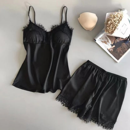 Duas pçs novo verão feminino com decote em v sexy conjunto de pijama de renda feminino sexy rendas suspender topo e shorts casual casa pijamas