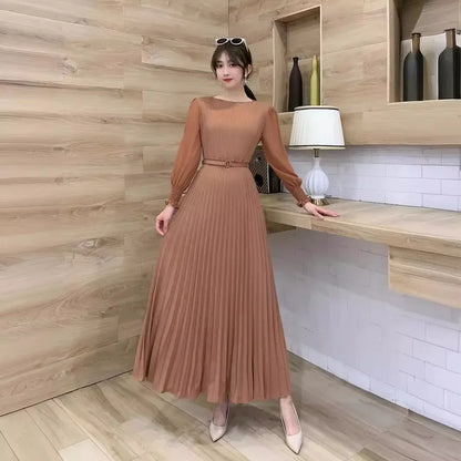 Pleated Dress Women Long Dresses A Line Round Neck Long Sleeve Party Maxi High Waist Belt Slim Sexy Elegant Splice Vestidos 2024