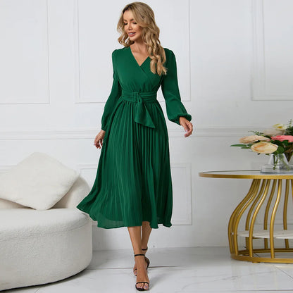Elegante feminino verde chiffon outono/inverno manga longa fino ajuste vestido plissado moda feminina com decote em v cinto vestidos de festa S-2XL