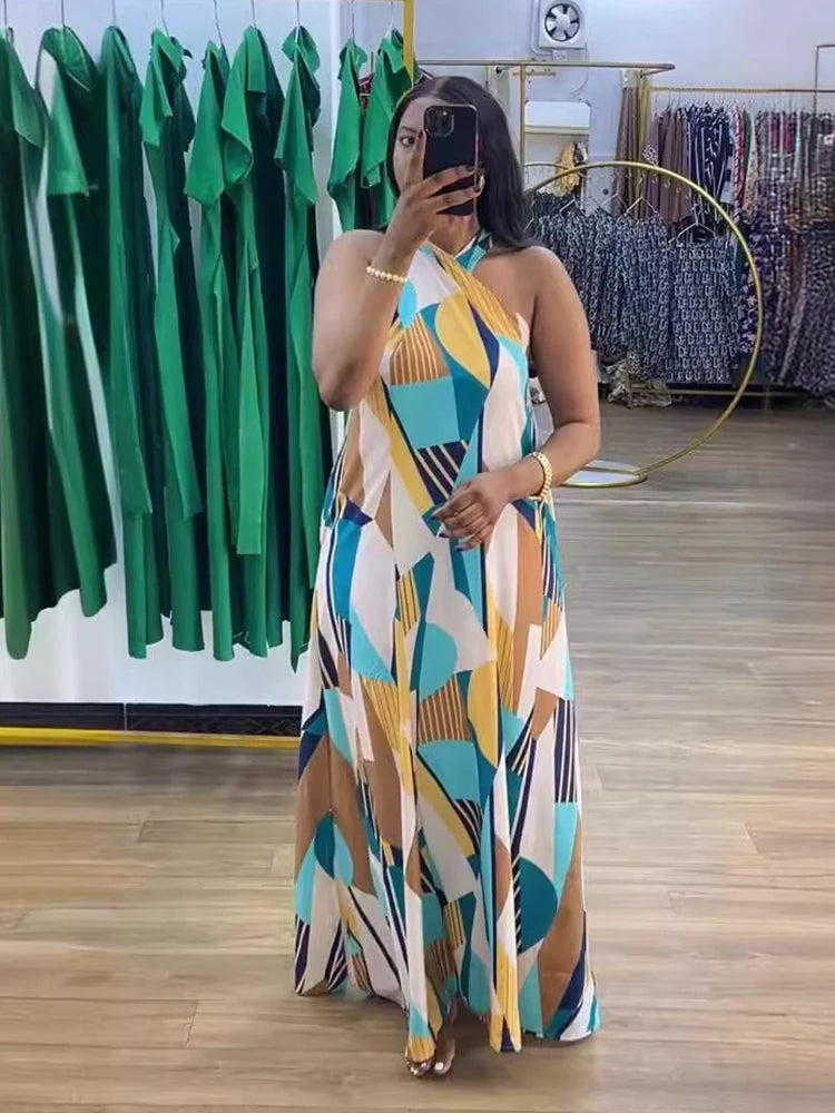 Vestido reto feminino elegante e sexy, sem mangas, longo, estampado, para praia, com decote halter, ideal para o verão. Atacado e dropshipping.