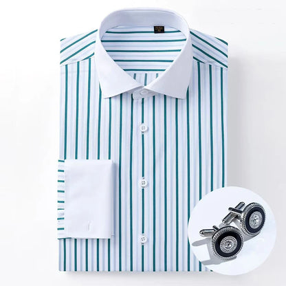 Nova Camisa Masculina de Algodão Puro 200S DP de Alta Qualidade, Não Amassa, Quatro Camadas, com Punho Francês, Gola Windsor e Gola Listrada Contrastante