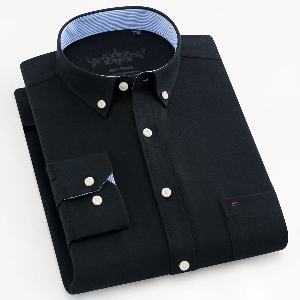 Camisa masculina de manga comprida oxford com botão no peito esquerdo confortável outono inverno ajuste regular casual versátil moda