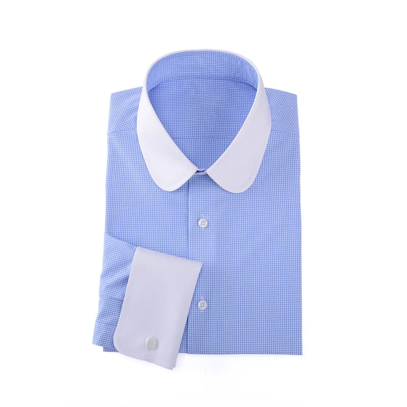 Camisa masculina clássica com gola Eton, gola arredondada, manga comprida, 100% algodão, punho regular, branca, personalizada para homens.