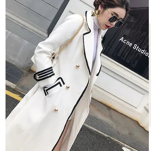 Casaco feminino longo branco de lã, estilo britânico Hepburn, grosso, slim, com abotoamento duplo, novo modelo de roupa de inverno.