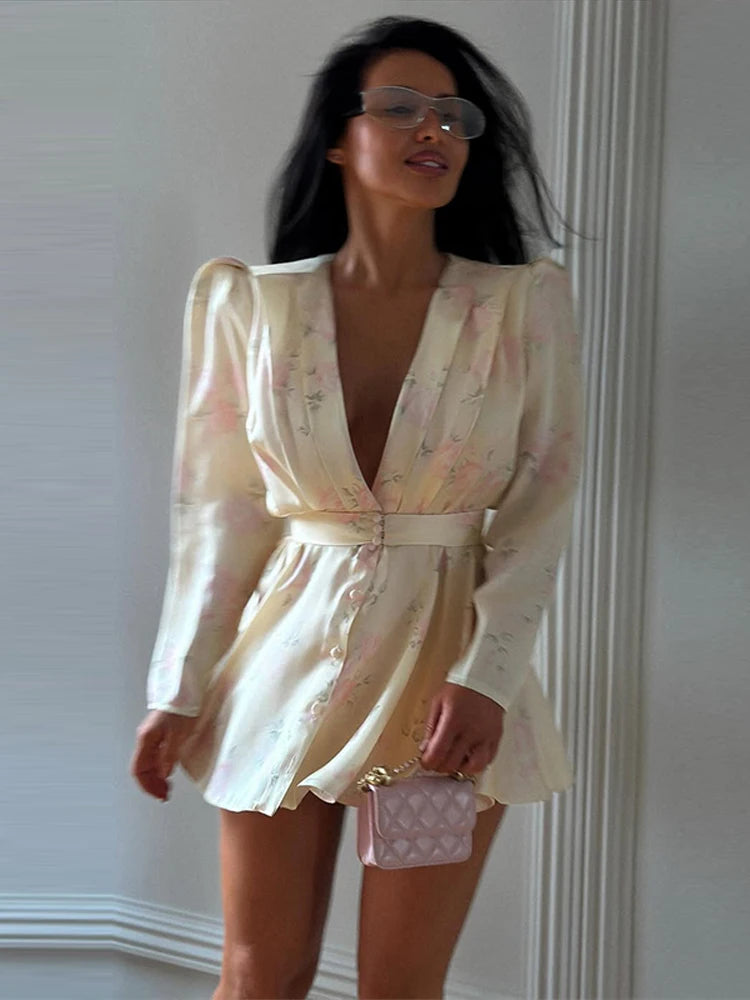 Vestido Estampado Feminino de Cetim Floral Mini com Decote V Profundo, Mangas Bufantes e Cintura Peplum - Vestido de Festa Duas Peças para Mulheres