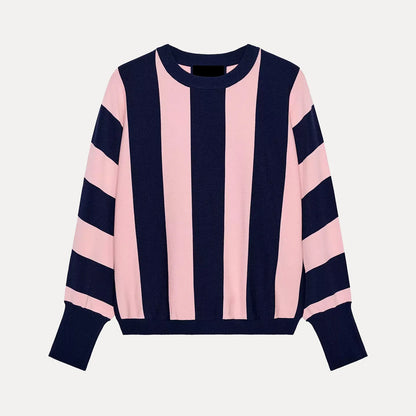 Suéter Listrado de Manga Longa com Gola Redonda Casual para Mulheres, Moda de Verão, Nova Chegada ZADATA, Top Confortável de Corte Solto